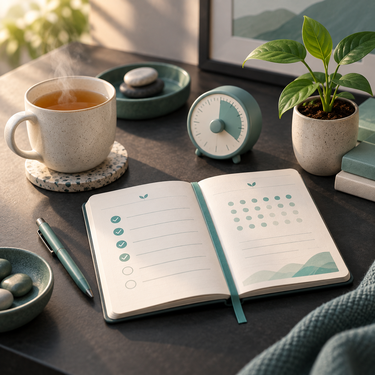 A calm daily routine with a planner, timer, tea, and plant