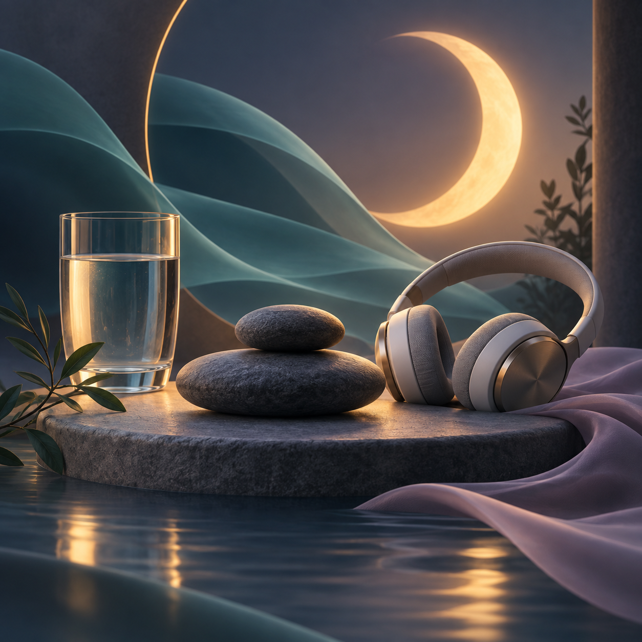 Meditation stones, headphones, and water beneath a crescent moon