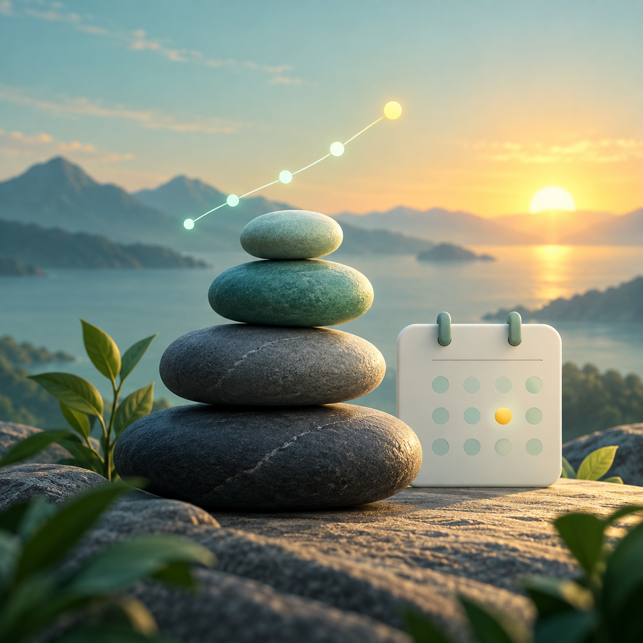 Stacked stones, a progress line, and a calendar at sunrise